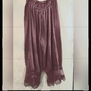 Brown Flowy, "silky" Pants with Lace Trim